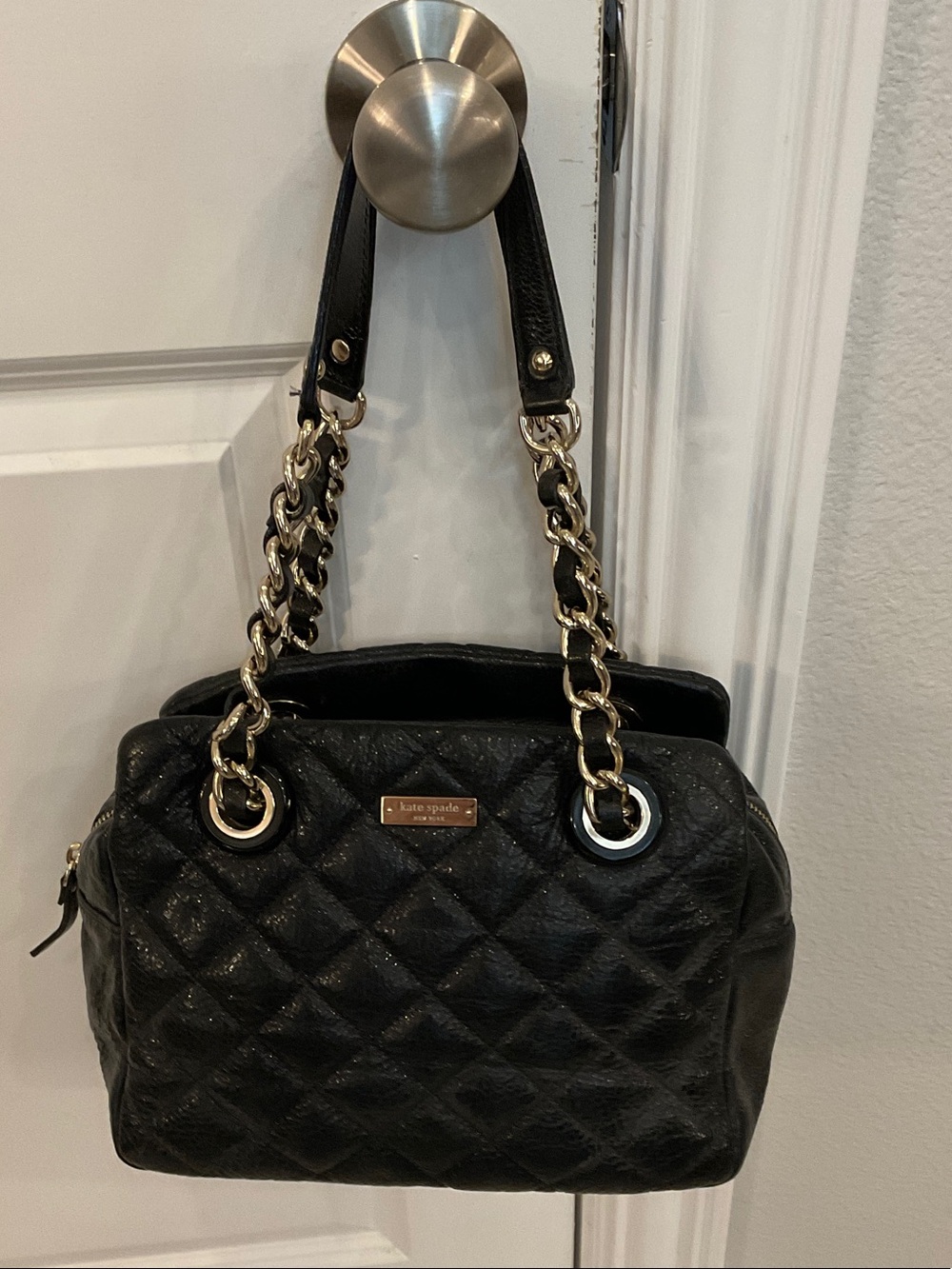 kate spade Black Quilted Leather Shoulder Bag with Gold Chain Handles